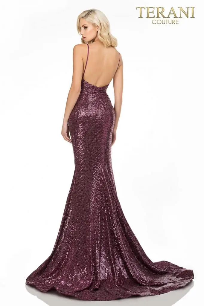 Wine Spaghetti strap metallic fitted prom dress – Style number 2011P1032