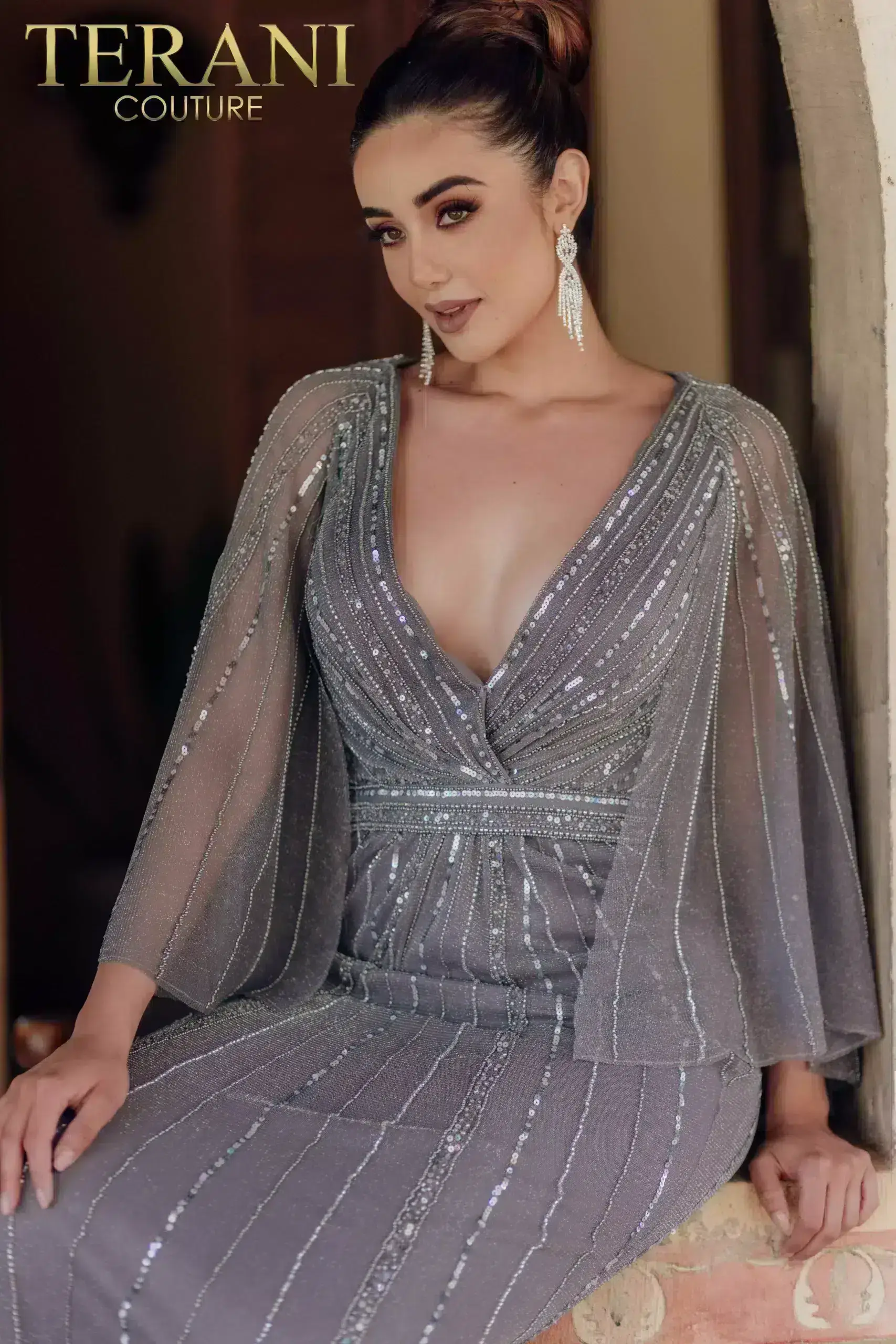 Plunging Neck A-line Beaded Cape Sheer Dress – 232M1501