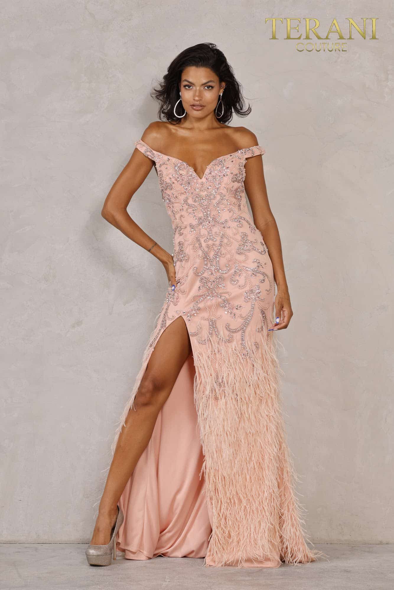 High slit off shoulder dress with feather skirt | 2021GL3138